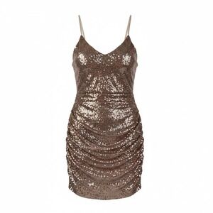 Unbranded Women Pink Sequin Bodycon Mini Dress V-Neck Spaghetti Strap Large